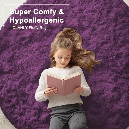 OLANLY Dark Purple Round Rugs for Bedroom - Machine Washable, 3 ft Circle Area Rugs for Living Room, Soft and Fluffy