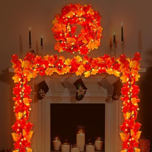 9FT Plug in Fall Garland with Lights 50 Orange Bulbs Connectable Garlands