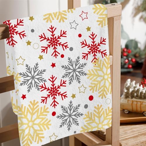 JOOCAR Snwoflake Kitchen Towels Christmas Kitchen Decor Dish Towels Set of 2, 16x27 Inch Seasonal Drying Dishcloth, Gold White Red Snowflake Decoration Hand Towels