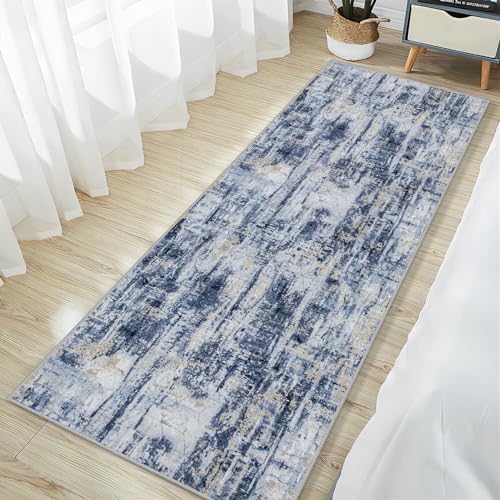2'6''x8' Runner Rugs Washable Rug: Modern Abstract Hallway Blue Gold Carpet