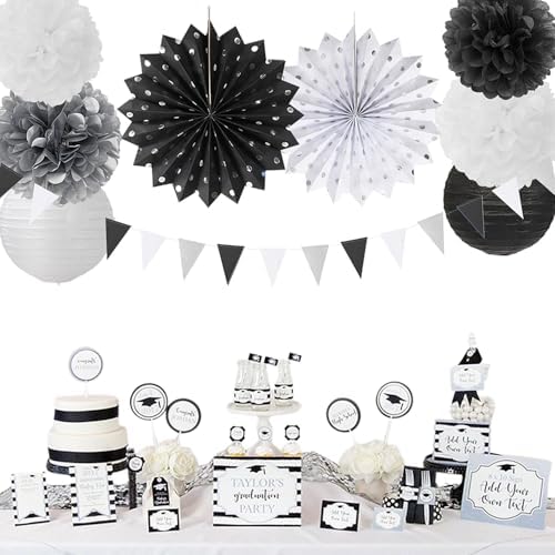 Black White Silver Party Decorations - 20pcs New Year Men Birthday Paper Lanterns Fans,Tissue Pom Poms,Honeycomb Balls,Bunting,Wedding Bachelorette Bridal Graduation Baby Decor Burgleda