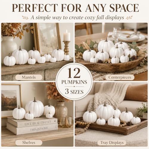 12-Pack Artificial White Mini Pumpkins in 3 Sizes for Fall Decorations