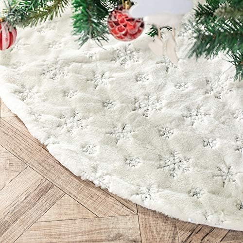 Christmas Tree Skirt 36 inches White Faux Fur Silver Snowflake Sequin Embroidered Luxury Tree Skirt Xmas Decoration