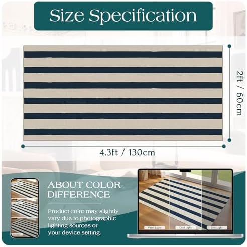 Front Door Mat Indoor Entrance, 2x4.3 Ft Blue and White Striped Rug