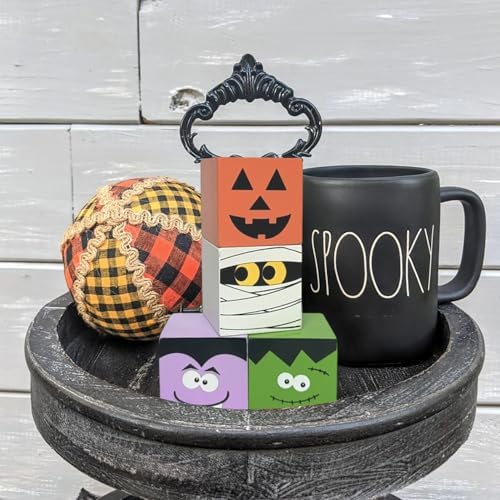 Halloween Wooden Table Sign - 4 Pcs Mummy Wooden Blocks Pumpkin Centerpieces for Table - Halloween Tiered Tray Decor for Home Decorations Indoor