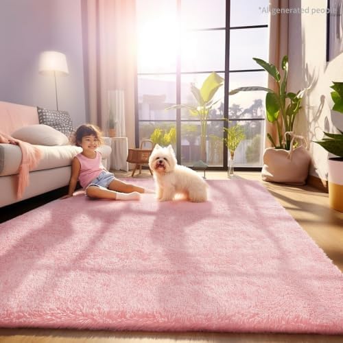 Ophanie Pink Area Rugs for Bedroom Girls, 5x8 Kids Fluffy Fuzzy Furry Shag Carpet, Plush Soft Cute Baby Shaggy Bedside