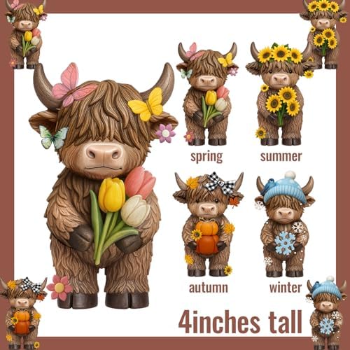 Simgoing 4 Pcs Seasonal Highland Cow Figurines, Spring Summer Fall Winter Gnomes 4 Seasons Highland Cow Home Decor Table Centerpieces Scottish Resin Statue Calf Gifts for Home Garden Kitchen Office