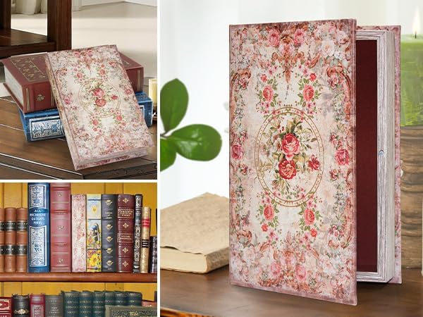 Book Box Decorative Storage Box Faux Wood / Rose Pattern