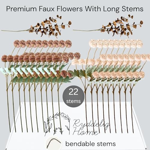 22pcs Artificial Beige & Brown Kiku Flowers with Eucalyptus Stems Bulk, Faux Silk Mum Pom Poms for Vase, Modern