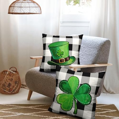 Green Shamrock Hat St Patricks Day Throw Pillow Covers 22x22 Set of 2 Buffalo Plaid Lucky Clovers Decorative Pillowcases St Patrick Outdoor Spring Cushion Covers for Couch Sofa Porch Decor