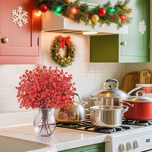 10Pcs Artificial Christmas Flowers Red Babys Breath Decoration for Home