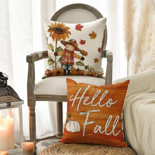 AVOIN colorlife Hello Fall Scarecrow Pillow Covers 18x18 Inch Set of 4