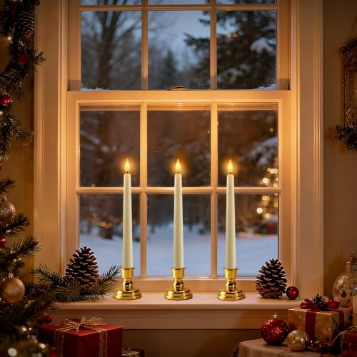 6 Pcs Window Candles with Remote and Timer, Flameless Taper Candles with Gold Holders, Battery Operated Christmas Candle, Ivory LED Candlesticks for Home Window Holiday Xmas Decor