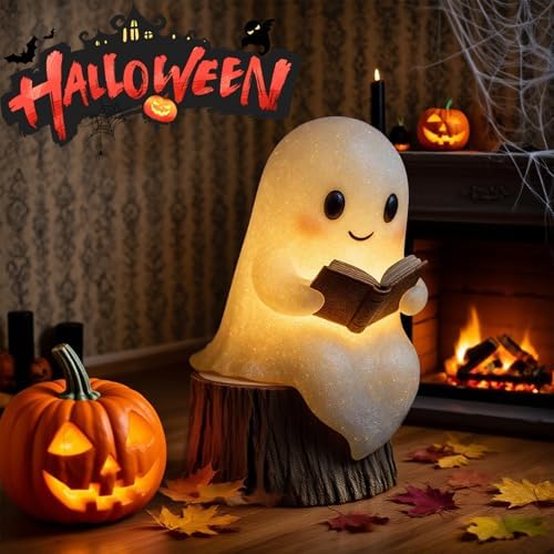Halloween Ghost Figurine, Spooky & Cute Reading Ghost Statue for Bedroom, Desk, Party Decor, Book Lovers Gifts, Funny Light Up Ghost Halloween Decor Indoor (5 in)