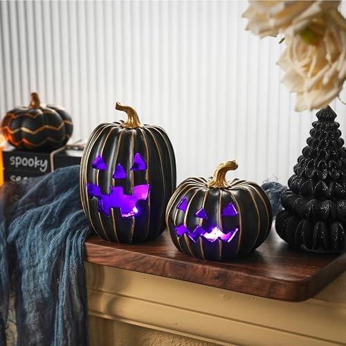 FESTGLOX Light Up Black Jack O Lantern Pumpkins for Indoor Halloween Decor