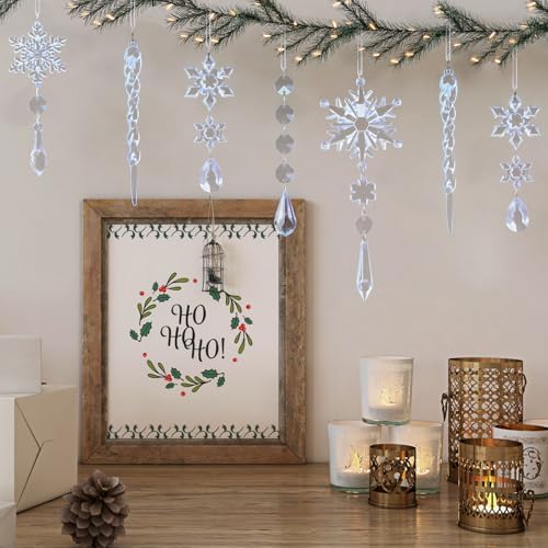 Crystal Christmas Tree Ornaments, Blue Acrylic Snowflake & Icicle, 32pcs