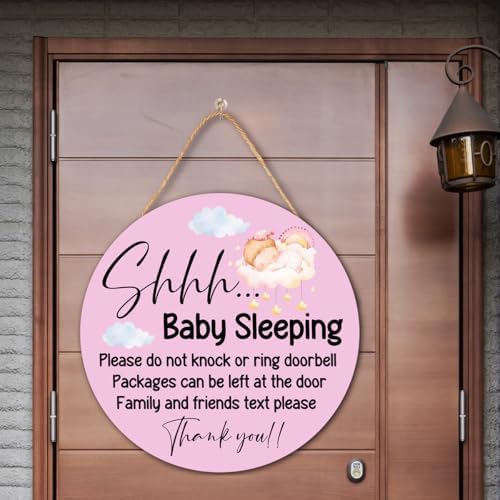 Baby Girl Sleeping Wood Hanging Sign for Front Door, Do Not Knock or Ring Doorbell House Welcome Sign
