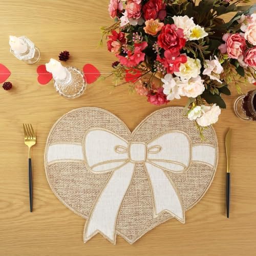 Feuille Valentines Placemat Set of 4,Farmhouse Burlap Heart Bow Valentines Day & Anniversary Placemat Rustic Table Decor for Dining Table