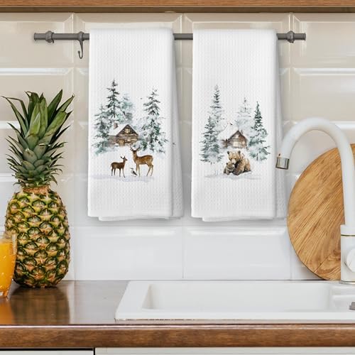 XPH Winter Deer Bear Kitchen Dish Towels Set of 2, Deer Gifts for Women, Bear Gifts, Rustic Farmhouse Cabin Wildlife Animals Hand Towels Kitchen Tea Towel Decorations, 16x24inch