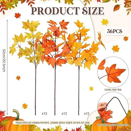 Zeyune 36 Pcs 20.5“ Fall Leaves Artificial Autumn Maple Leaves Stems Bulk