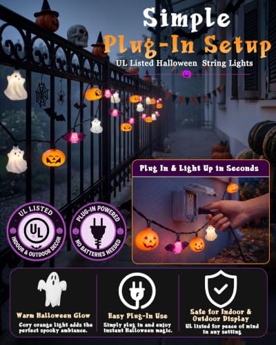 8.5FT Halloween Pumpkin Bat Ghost Lights, Plug-in 10 LED Decor