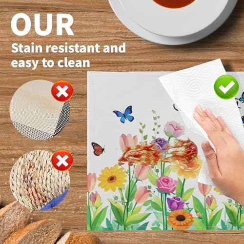 Spring Placemats Set of 6 18x12 Inch Floral and Butterfly Linen Place Mats Heat-Resistant Washable Wipeable Sunflower and Tulip Flowers Table Mat for Party Kitchen Dining Room Dinner Table Decor