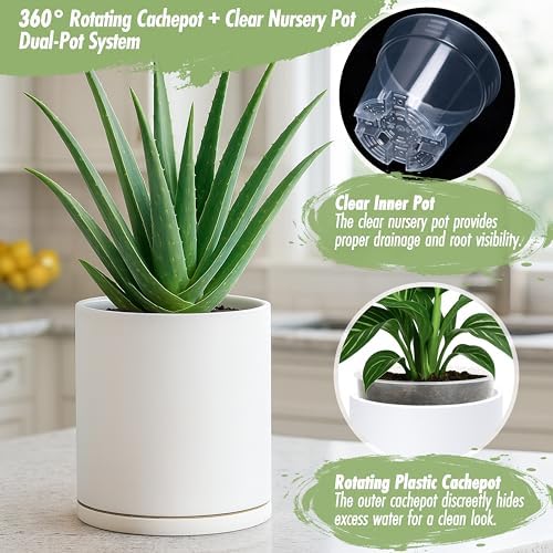 D'vine Dev Double-Layer Self-Draining Planter Set – Rotating Plastic Outer Pot with Clear Inner Liner for Root Health, Perfect for Indoor Plants, 6.5", Set of 2, White, 73-V-A-2