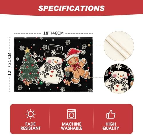 Artoid Mode Snowman Tree Gingerbread Black Christmas Placemats Set of 4, 12x18 Inch Seasonal Winter Holiday Table Mats for Party Kitchen Dining Decoration