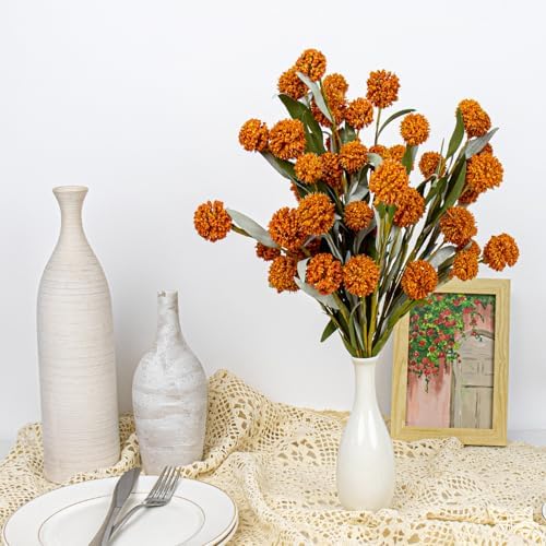 Yawwind 6 PCs Rustic Fall Flowers 17 Inches Boho Fall Floral Picks Faux Autumn Branches with Craspedia Orange Billy Balls Flowers for Vase Table Centerpieces Living Room Indoors Decor（Orange）