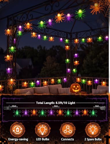 Halloween Spider String Lights Outdoor, 8.5FT 10 LED Spider Lights Plug in