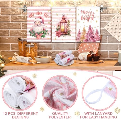 VitalCozy 12 Pcs Pink White Christmas Kitchen Towels, 14.2 x 21.3 in