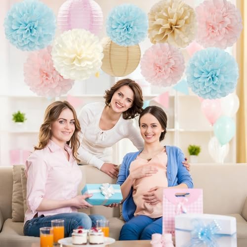 Light-Blue Pink Champagne Gender-Reveal Party-Decorations - 15pcs Boy Or Girl Paper Flowers Tissue Pom Poms Lanterns Streamers,Birthday Bear Baby Shower Neutral Hanging Supplies Decor Hugfond