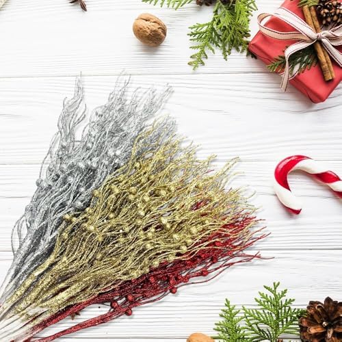 24 Pcs Christmas Tree Picks Decor,17” Artificial Glitter Curly Berry Stems