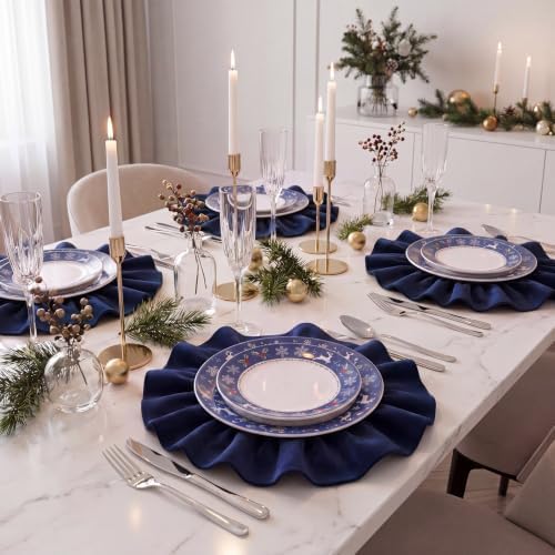 FoldTier 6 Pcs Christmas Navy Blue Velvet Placemat Round Ruffles Placemat