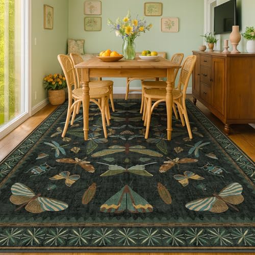 6x8 Dark Green Washable Dining Room Rug - Vintage Area Rug for Living Room, Bedroom Under Bed Low Pile & Soft, Insect