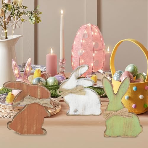 3Pcs Easter Decorations, Farmhouse Wooden Bunny Table Decor Rustic Rabbit Centerpieces Sign for Home Tiered Tray Mantel Office Party Supplies (Dark)