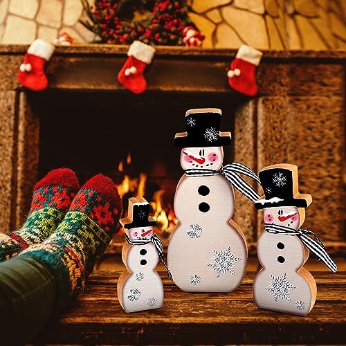 Suzile 3 Pcs Winter Table Decorations Wooden Centerpiece Block Signs Tiered Tray Desktop Figurine for Indoor Fireplace Mantel Home Decor Holiday Xmas(Black,Snowman)