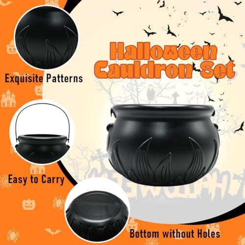Witch Cauldron Halloween Decoration, 10 in 1 Package Large Black Plastic Candy Bowl Set, Cauldron Kettle Candy Holder Containers for Halloween Party Decor & Trick-or-Treat Bowl