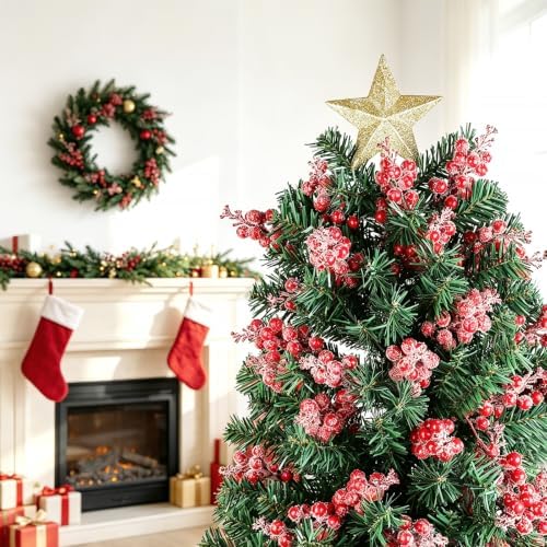24 Pack Red Berry Stems,Artificial Burgundy Glitter Red Berries,7.5 Inch Christmas Berries Picks for DIY Crafts Christmas Tree Christmas Wreath Home Wedding Home Party Decoration (Snow Red)