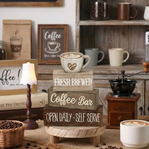 Moucuny 4 Pcs Farmhouse Coffee Bar Signs Decor Wooden Cafe Cup Signs