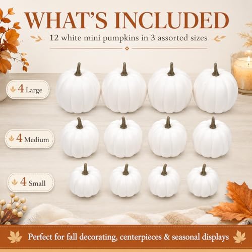 12-Pack Artificial White Mini Pumpkins in 3 Sizes for Fall Decorations
