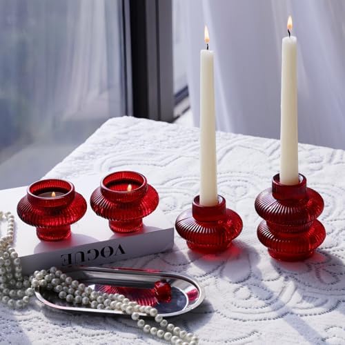 VOHO 12pcs Red Glass Taper Candle Holders for Table Centerpiece Wedding