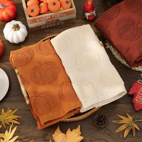 Whaline 3 Pcs Fall Hand Towel Beige Orange Brown 3D Pumpkin Jacquard Cotton Towel Absorbent Dish Towels for Autumn Harvest Thanksgiving Kitchen Bathroom, 13.8 x 29.5 Inch