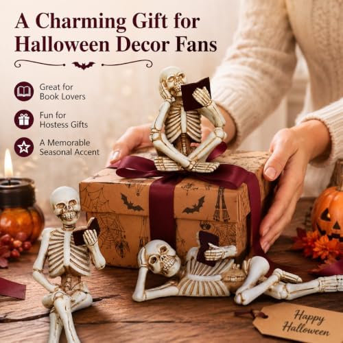 Dlfghos 3 Pieces Halloween Skeleton Statue Halloween Skull Figurine Home Decor Reading Skeleton Figurines Decorations for Indoor Fireplace Home Kitchen Desk Office Party