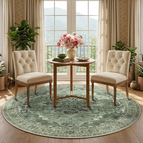 RELEANY Washable Area Rug, Round 5ft, Green/Dark Green/Gray