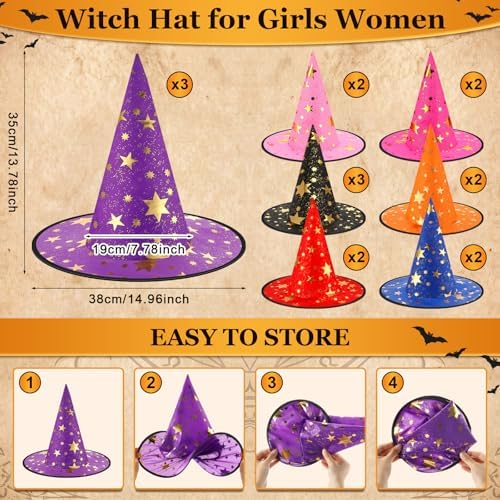 Newcotte 16 Pieces Witch Hats Halloween Costumes for Women Men Modern Witch Hats Fancy Dress Party Decorations