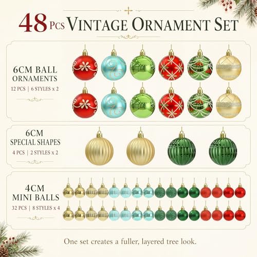 48 Pcs Christmas Ball Ornaments 1.6'' 2.4'' Red Gold Green Blue
