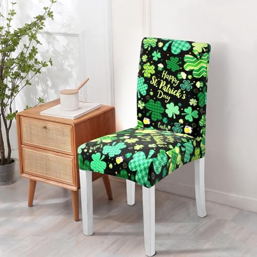St Patricks Day Chair Covers Set of 4,Lucky Shamrock Chairs Slipcover for Dining Room, Removable Washable Breathable Cover in the Kitchen Restaurant Holiday Decor