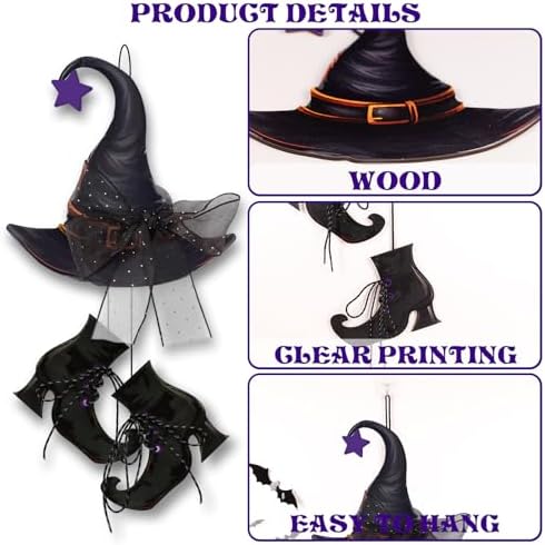 Halloween Witch Hanging Door Decor - Hocus Pocus Hat Shoes Sign Wreath Wooden Decorations with Bats for Wall Outdoor