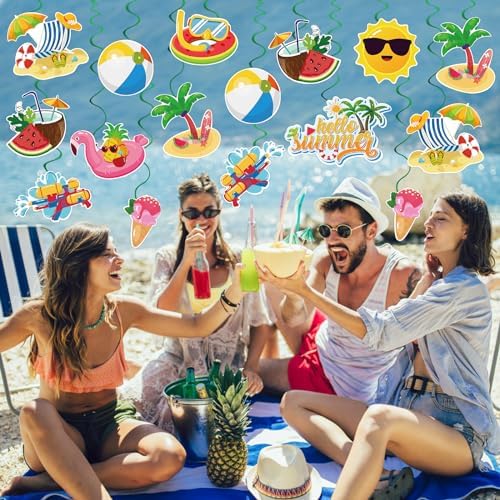 40Pcs Summer Hanging Swirls, Hello Summer Pool Beach Hanging Swirls Summer Hanging Decorations Streamers Foil Ceiling Swirls for Summer Hawaiian Luau Birthday Party Baby Shower Decor